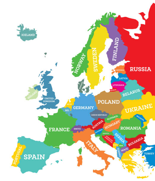 ilustrações de stock, clip art, desenhos animados e ícones de political map of europe continent isolated on white. country name labels. - portugal turismo