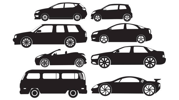 ikony czarnej kolorowej naklejki samochodowej - car sedan vector land vehicle stock illustrations