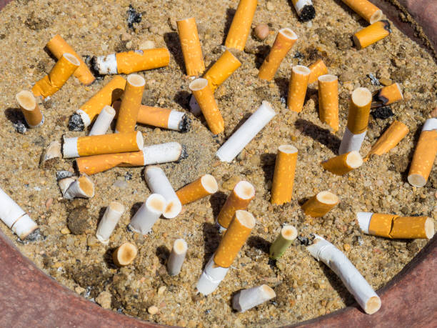 istock Smoked Cigarettes in the sand ashtray, Stop smoking Concept 1142142049
