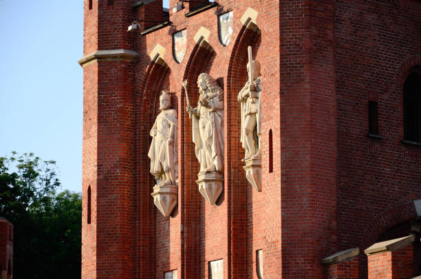 Kaliningrad, Russia - June 16, 2018: Statues of Ottokar II, Frederick I and Albert I on King's Gate on a summer day