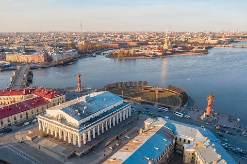 Spit of Vasilyevsky Island, the Stock Exchange building. Rostral columns. And the Peter and Paul Fortress on Hare Island. View from a height erial above view