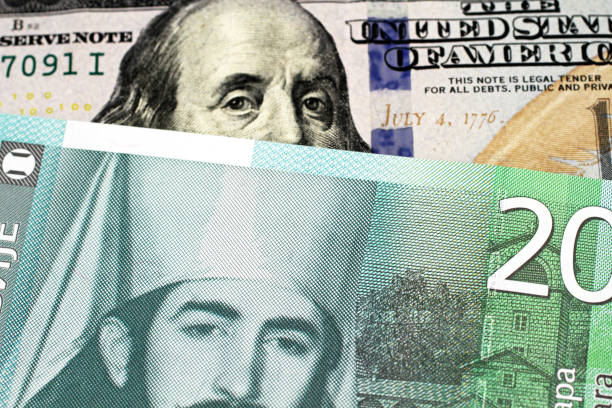 istock A twenty Serbian dinar bank note with an American one hundred dollar bill 1142143241
