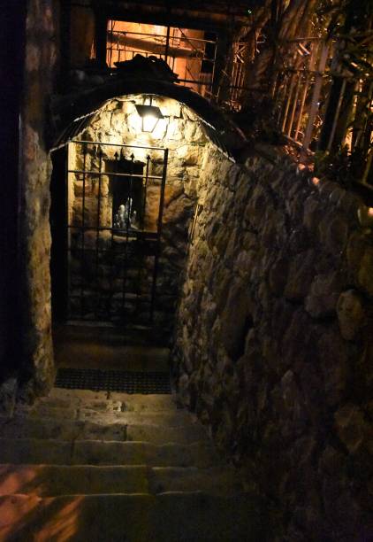istock Stairs to a pub entrance at night 1142143289