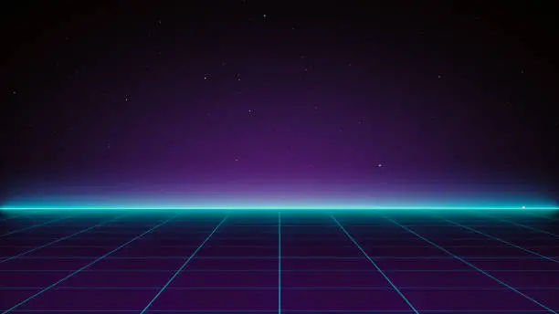 Photo of Retro Sci-Fi Background Futuristic Grid landscape of the 80`s. Digital Cyber Surface. Suitable for design in the style of the 1980`s