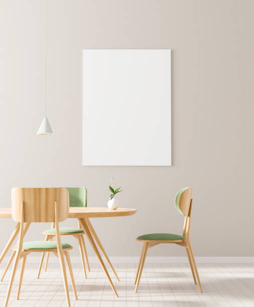 istock Mock up poster frame in Scandinavian style dining room. Minimalist dining room design. 3D illustration. 1142148629