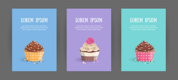 set booklet-cover-vorlage mit süßem dessert auf hellem hintergrund. - cupcake chocolate pink polka dot stock-grafiken, -clipart, -cartoons und -symbole