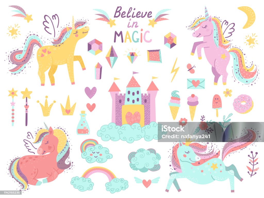 Set of fantasy unicorns and other items. Set of fantasy unicorns and other items. Vector illustration for your design Unicorn stock vector