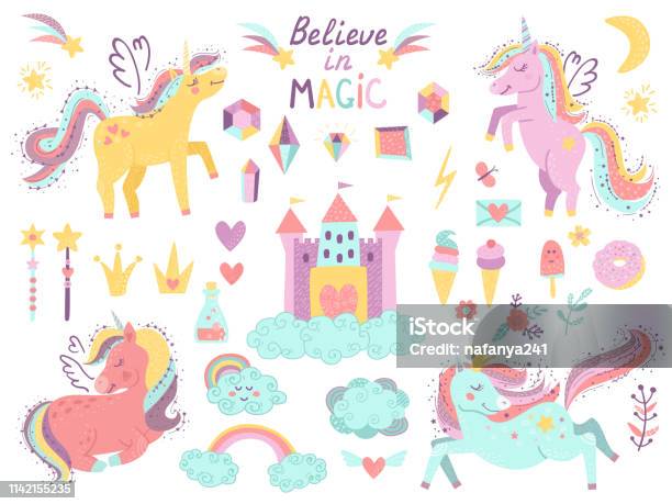 Set Of Fantasy Unicorns And Other Items Stock Illustration - Download Image Now - Unicorn, Illustration, Magic Wand