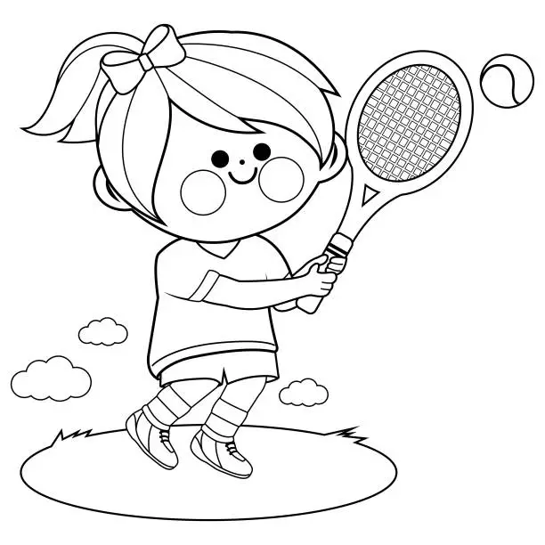 Vector illustration of Girl playing tennis. Vector black and white coloring book page
