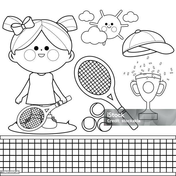 Tennis Player Girl Vector Black And White Coloring Book Page Stock Illustration - Download Image Now