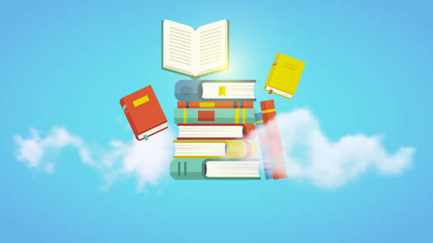 istock Pile of books with clouds on a blue background 1142156980