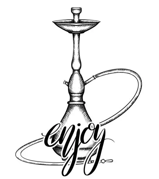 Vector illustration of Black and white illustration of hookah with hatching and Enjoy hand drawn lettering. Brush calligraphy. Vector engraving element