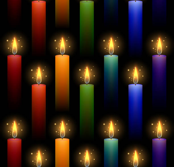 어두운 배경에 무지개 불타는 촛불 완벽 한 패턴입니다. 클리핑 마스크의 벡터 텍스처 - waxen stock illustrations