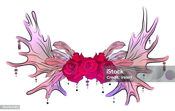 Color Drawing Of Moose Antlers With Feathers Beads And Roses Tribal Illustration Vector Boho Element Stock Illustration - Download Image Now