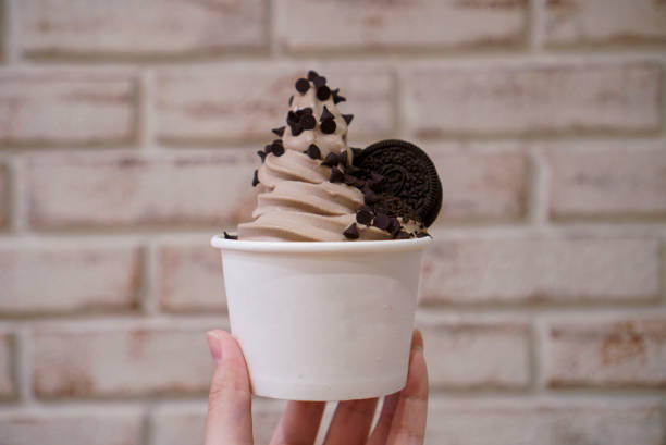 Chocolate frozen yogurt Hand holding A cup of Chocolate frozen yogurt. A yogurt soft ice cream chocolate flavor topped with chocolate chips and cookie. frozen yoghurt stock pictures, royalty-free photos & images