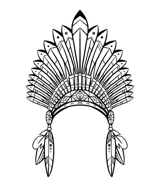 istock Outline drawing of native cap of native american with feathers and decorations.   costume. Vector illustration 1142162496
