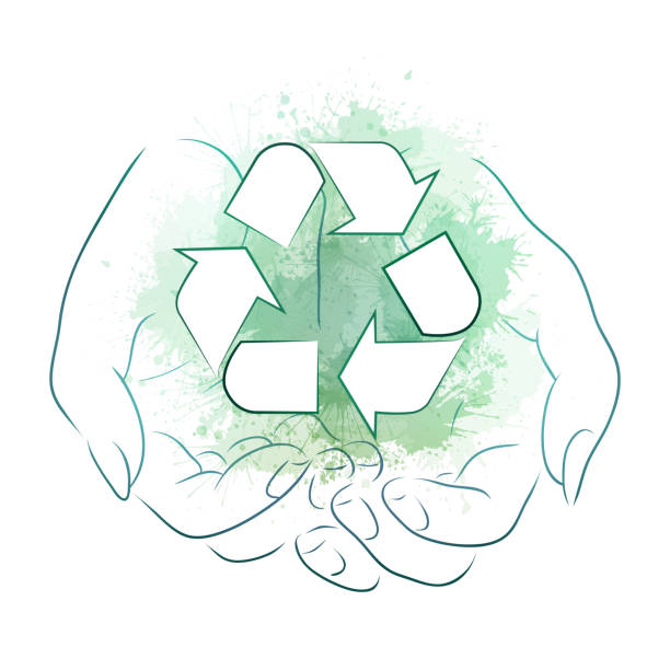 illustrazioni stock, clip art, cartoni animati e icone di tendenza di disegno delle mani con un segno di riciclaggio con schizzi di acquerello verde. riciclaggio e zero rifiuti. elemento vettoriale ecologico - vector illustration and painting environmental conservation arrow sign