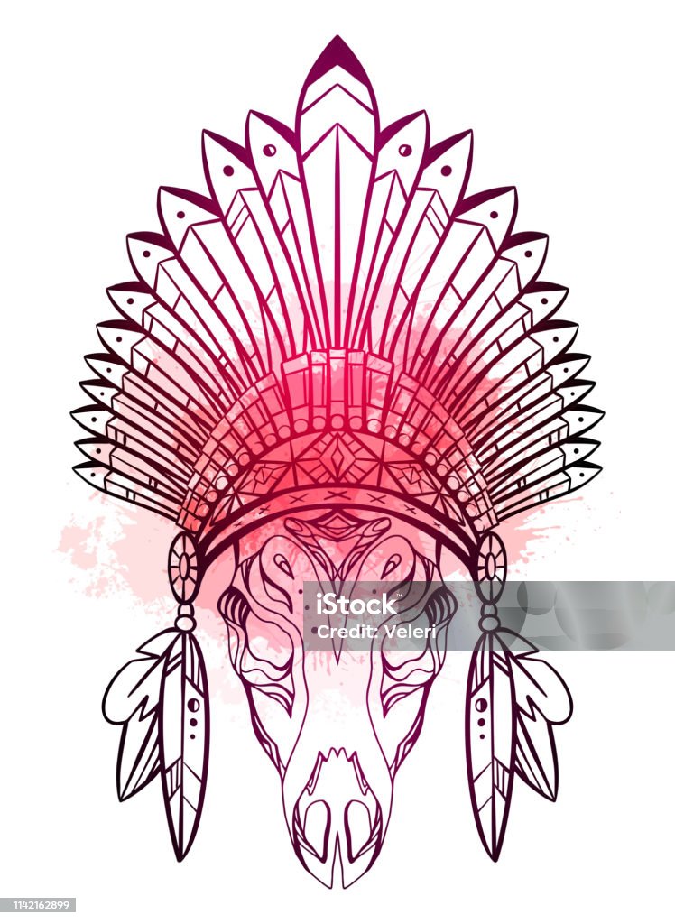 Drawing of deer skull with native cap of Indian with feathers, decorations and red watercolor splashes. Tribal costume. Vector illustration Drawing of deer skull with native cap of Indian with feathers, decorations and red watercolor splashes. Tribal costume. Vector illustration for sketch of tattoo, printing on T-shirts and your design American Culture stock vector