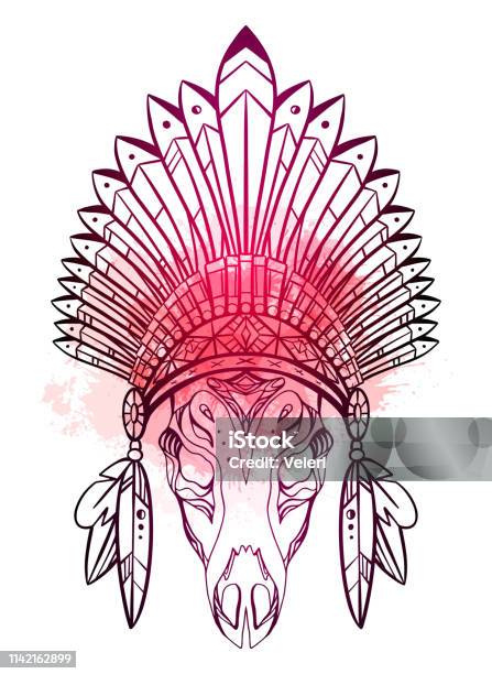 Drawing Of Deer Skull With Native Cap Of Indian With Feathers Decorations And Red Watercolor Splashes Tribal Costume Vector Illustration Stock Illustration - Download Image Now