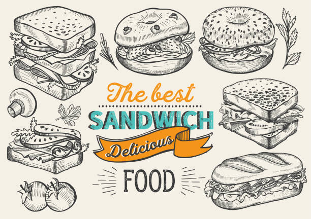 샌드위치 일러스트-베이글, 간식, 햄버거 레스토랑. 카페와 패스트 푸드 트럭에 대 한 벡터 손으로 그린 포스터입니다. 레터링과 낙서 빈티지 그래픽 디자인. - sandwich stock illustrations