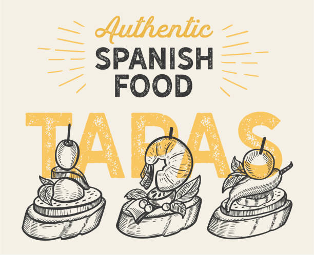 Spanish cuisine illustrations - tapas for restaurant. Vector hand drawn poster for catalan cafe and bar. Design with lettering and doodle vintage graphic. Spanish illustrations - tapas for restaurant tapas stock illustrations
