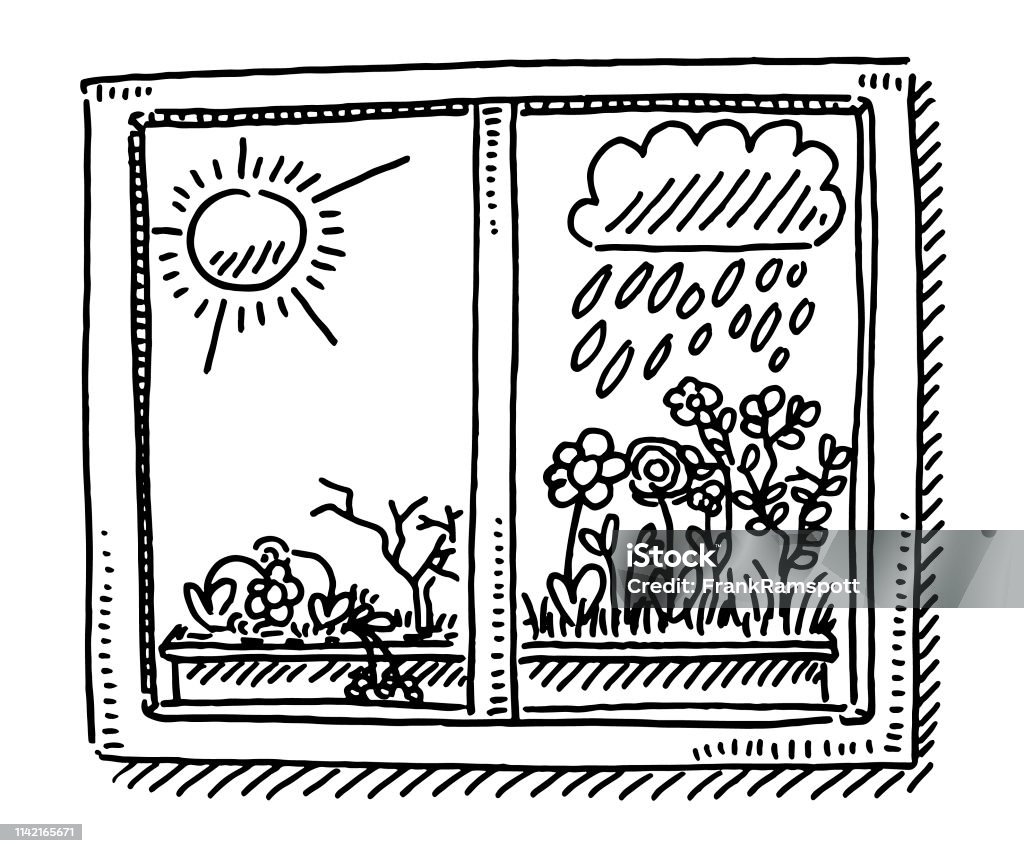 Window Dry Humid Weather Comparison Drawing Hand-drawn vector drawing of a Window with a Dry and Humid Weather Comparison, on the left side the sun is shining, the flowers were drooping, on the right it’s raining, the flowers growing. Black-and-White sketch on a transparent background (.eps-file). Included files are EPS (v10) and Hi-Res JPG. Window stock vector