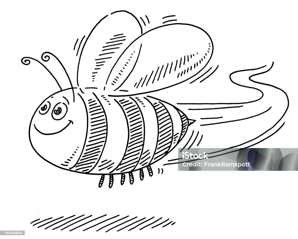 Flying Happy Cartoon Bee Drawing Hand-drawn vector drawing of a Flying Happy Cartoon Bee. Black-and-White sketch on a transparent background (.eps-file). Included files are EPS (v10) and Hi-Res JPG. Bee stock vector
