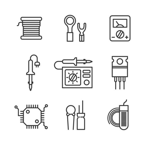 illustrazioni stock, clip art, cartoni animati e icone di tendenza di nove icone per i microcircuiti. - soldering iron illustrations