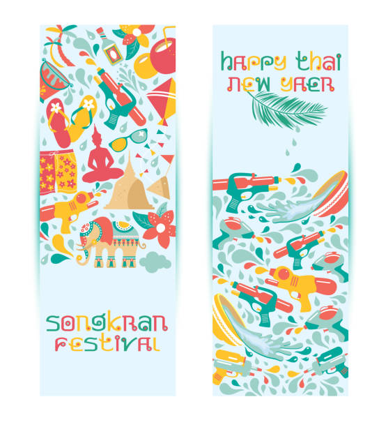 Songkran festival, Thailand New Year, Illustration of cute iconc celebrating. Flat design banners on white. Songkran festival, Thailand New Year, Illustration of cute iconc celebrating. abstract asia backgrounds bangkok stock illustrations