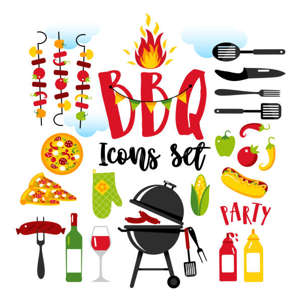 BBQ party set icons on white background with symbols of street food. Barbecue party invitation on white background with symbols of bbq. chef cooking flames stock illustrations