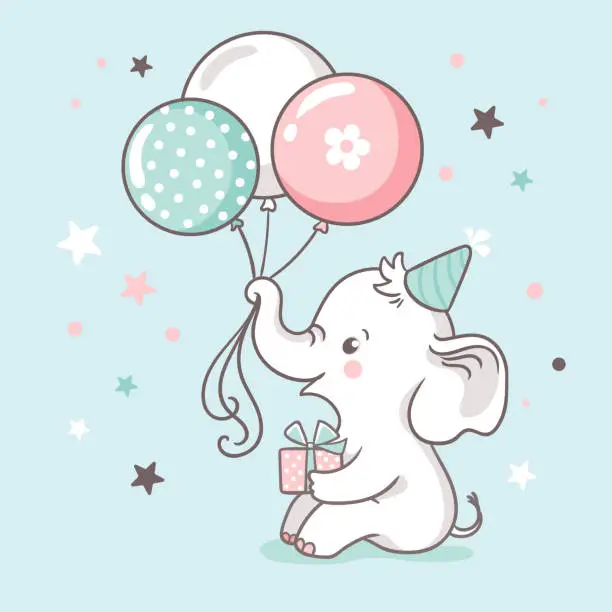 Vector illustration of Cute white baby elephant holds a trunk of balloons. Baby shower invitation card.