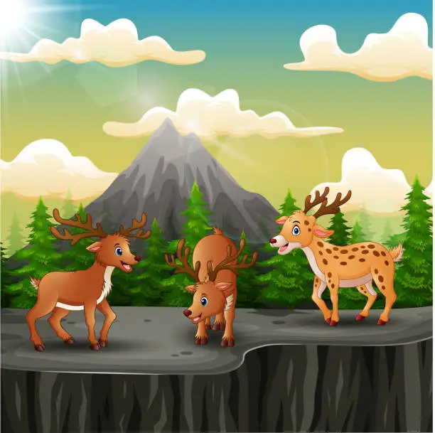 Vector illustration of Three deer cartoon on the mountain a cliff