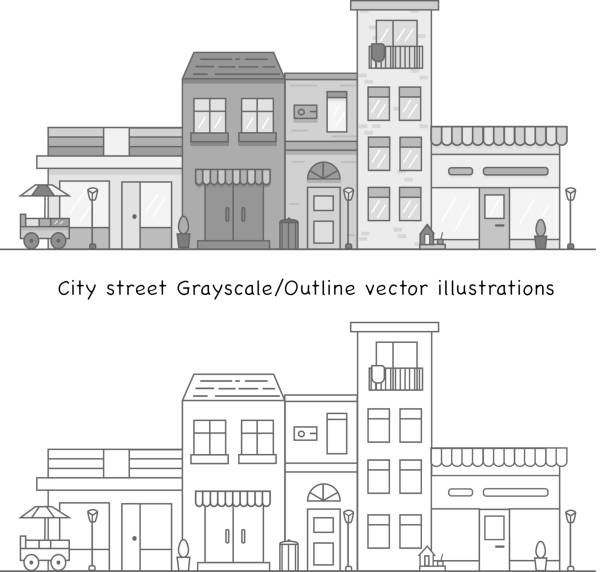 illustrazioni stock, clip art, cartoni animati e icone di tendenza di strada della città nel vettore in scala di grigi - city street