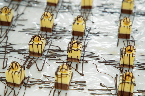 Rows of white chocolate truffles with haselnut and dark chocolate icing