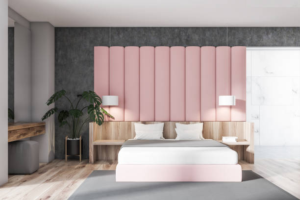 istock Pink and gray bedroom interior 1142187457
