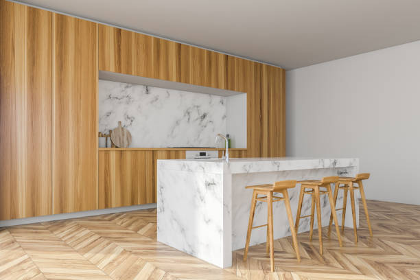 istock Wooden kitchen corner with countertops and bar 1142187493