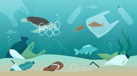 Ocean pollution impact on ecosystem and wildlife animals, sustainability and environmental protection concept