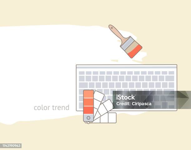 Flat Lay With Color Palette Guide Keyboard And Paint Brush Stock Illustration - Download Image Now