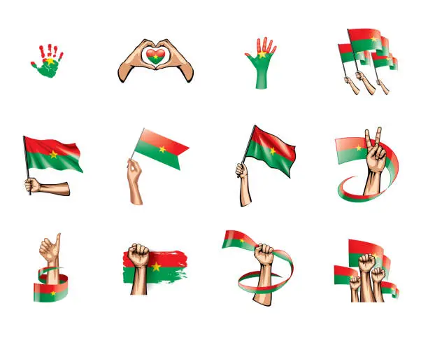 Vector illustration of Burkina Faso flag and hand on white background. Vector illustration