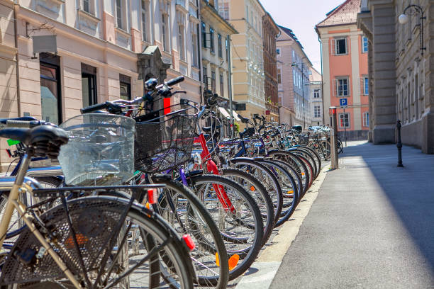istock bicycles parked in the street 1142192425