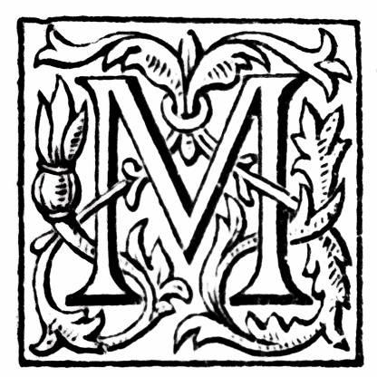Illustration excerpt from ‘The Works of Tennyson’ by Lord Alfred Tennyson, Poet Laureate. First published in 1875, it contains a collection of his Poetry. Here we see an illustration of a plant or vine.  It is intertwined with the capital letter M.