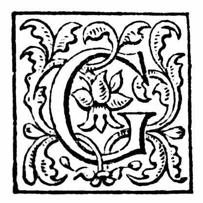 Illustration excerpt from ‘The Works of Tennyson’ by Lord Alfred Tennyson, Poet Laureate. First published in 1875, it contains a collection of his Poetry. Here we see an illustration of a flower or vine.  It is intertwined with the capital letter G.
