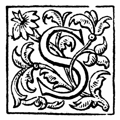 Illustration excerpt from ‘The Works of Tennyson’ by Lord Alfred Tennyson, Poet Laureate. First published in 1875, it contains a collection of his Poetry. Here we see an illustration of a plant or vine.  It is intertwined with the capital letter S.