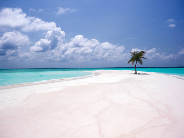 Beautiful white sand and blue water on Maldives islands
