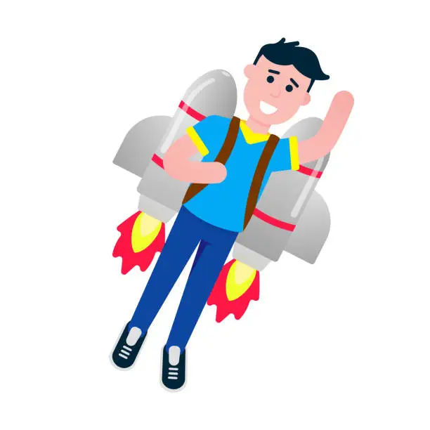 Vector illustration of Boy flying with rocket jetpack like a super hero pilot flat style design vector illustration isolated on white background. Young male person with flaming jetpack on his back.