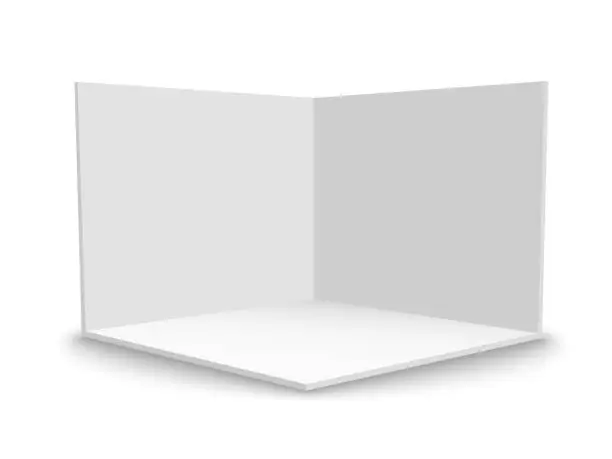 Vector illustration of 3D exhibition booth. Square corner. Vector white empty geometric square. Blank box template