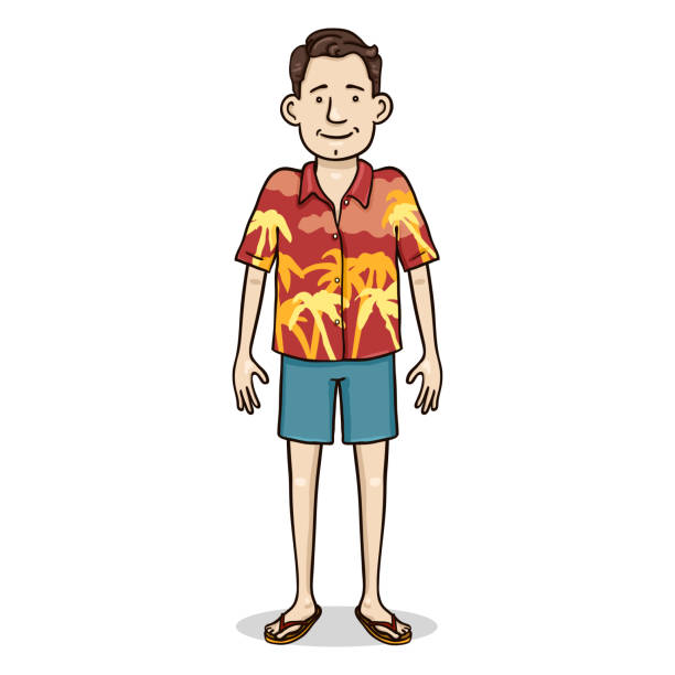 illustrazioni stock, clip art, cartoni animati e icone di tendenza di vector cartoon color character - giovane uomo con camicia hawaiana e pantaloncini blu - camicia hawaiana