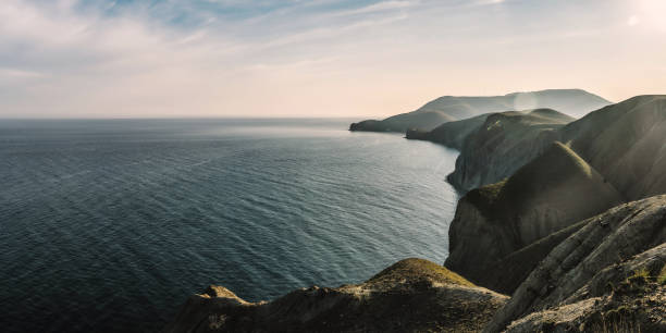Spring panoramic view of the mountainous hilly coast on the Black Sea