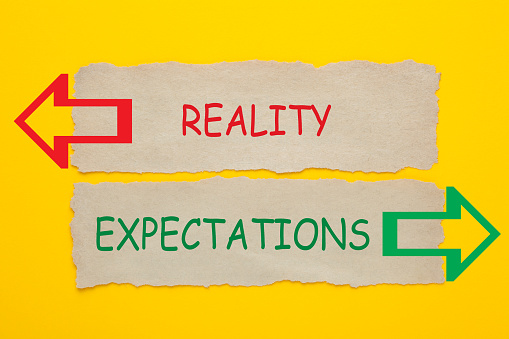 Reality vs Expectations words written on old paper on yellow background.