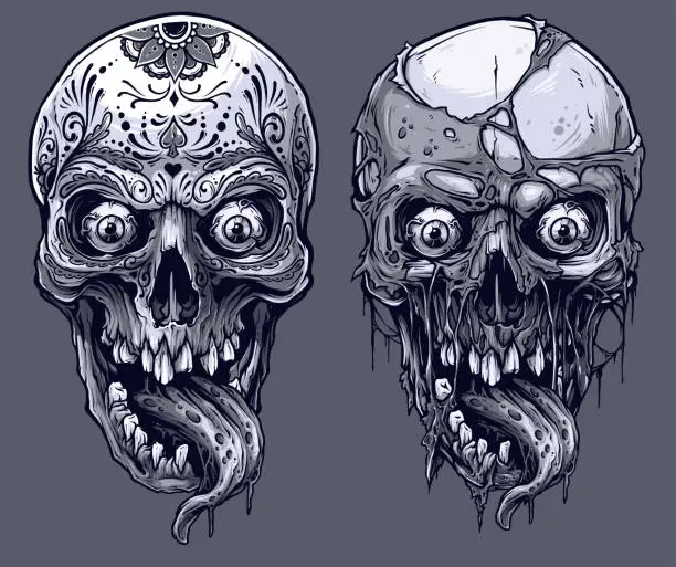 Vector illustration of Detailed graphic black and white human skulls set